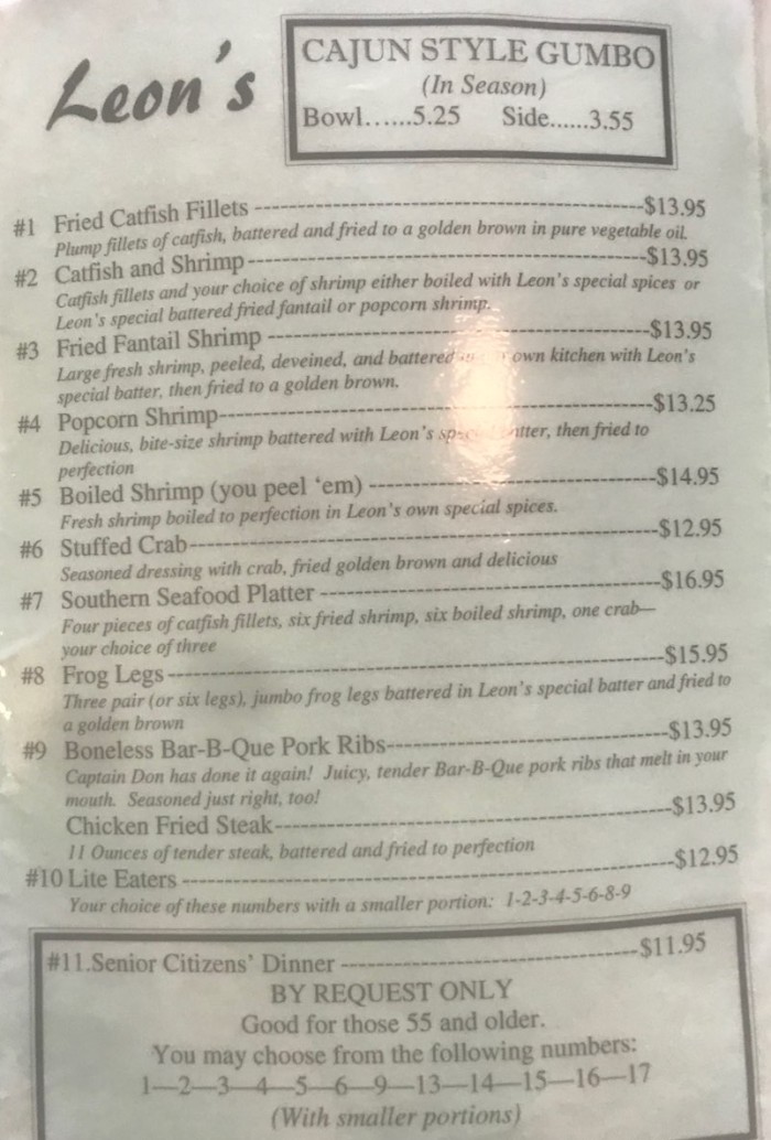 Leon's Catfish & Shrimp Restaurant menu page 1
